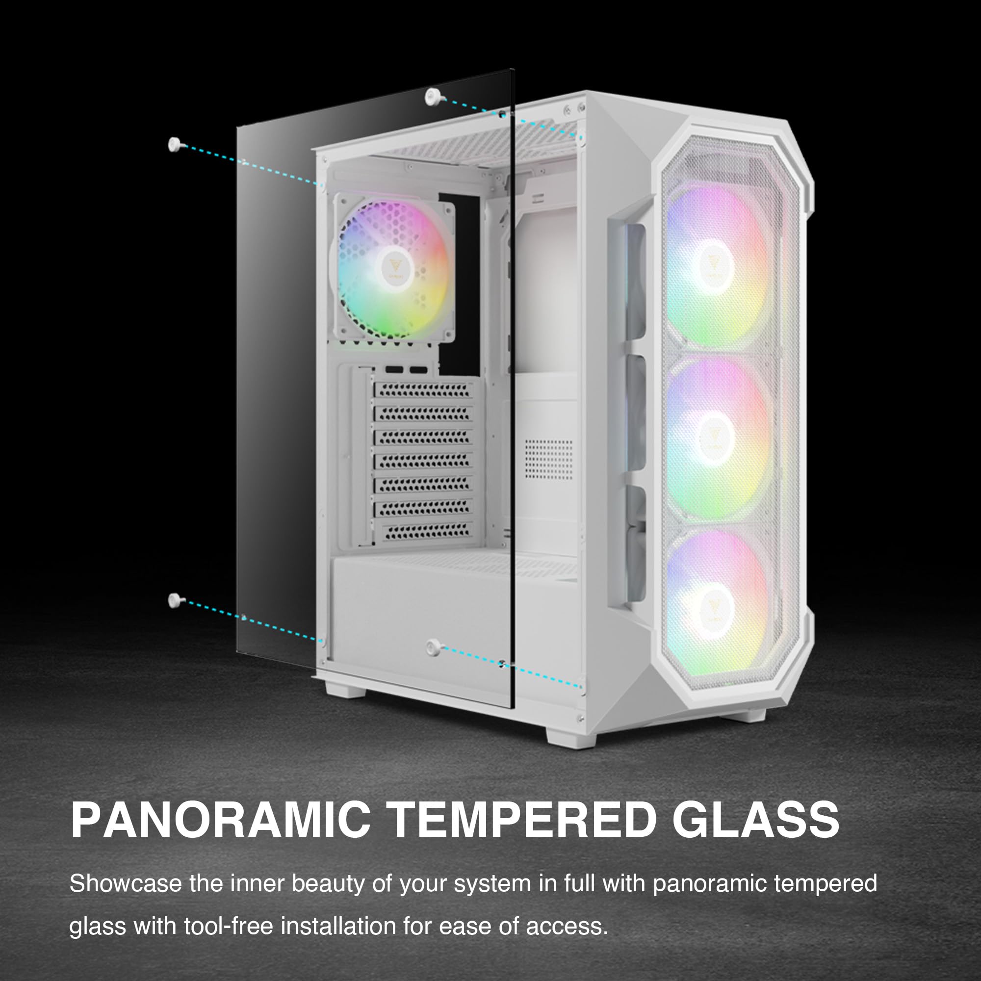 GAMDIAS ATX Mid Tower Gaming Computer PC Case Tempered Glass, Built-in 4X 120mm ARGB Case Fans, Front Airflow Mesh, Up to 6x120mm Fans, 340mm GPU/VGA, 360mm AIO/Radiator, 160mm CPU Cooler