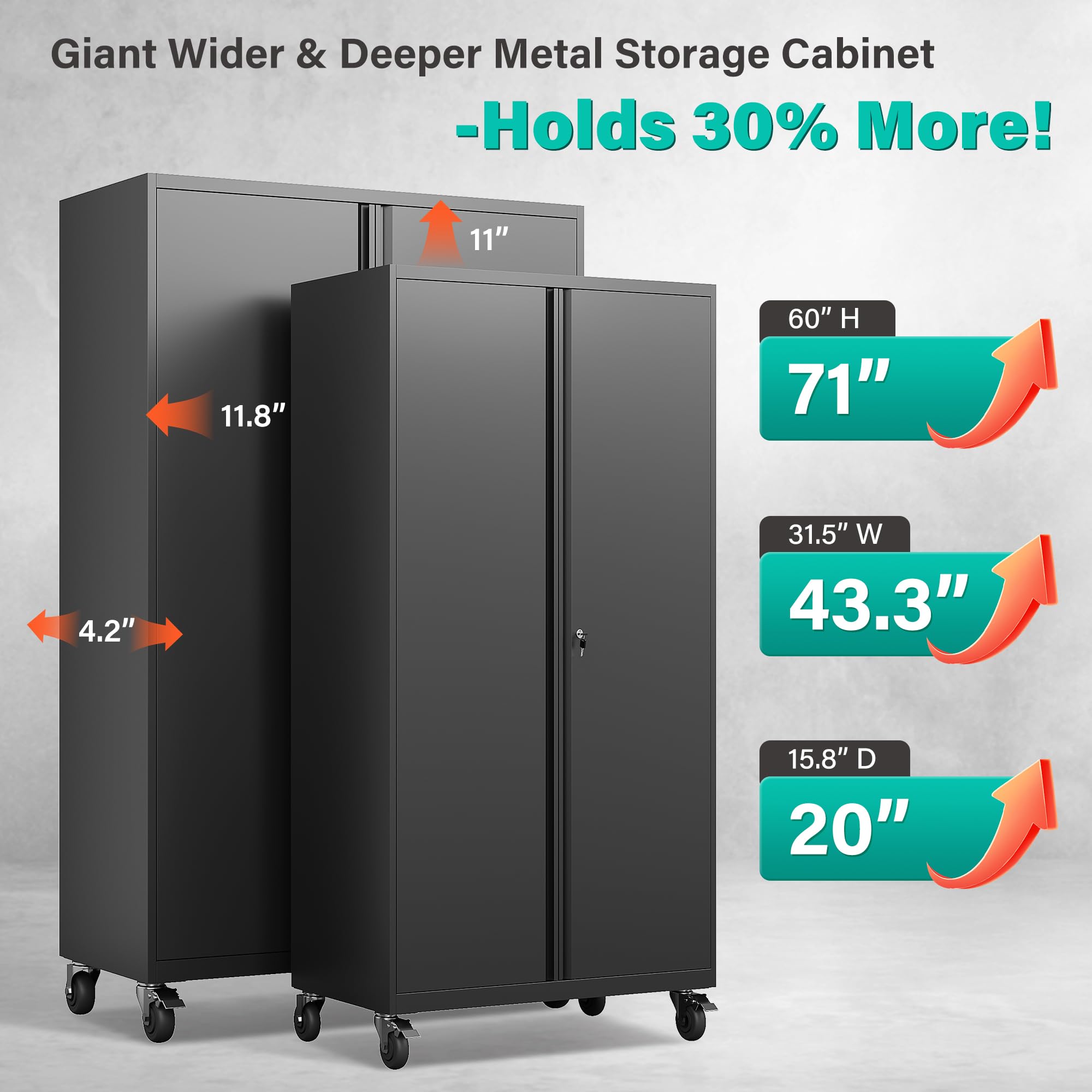 SISESOL Wide & Deep Metal Storage Cabinet with Wheels,Tall Rolling Garage Storage Cabinet with Lock,Black Metal Cabinets with Pegboards and Shelves,Tool Locker for Garage,Home,Office,43''Wx 20''Dx71"H