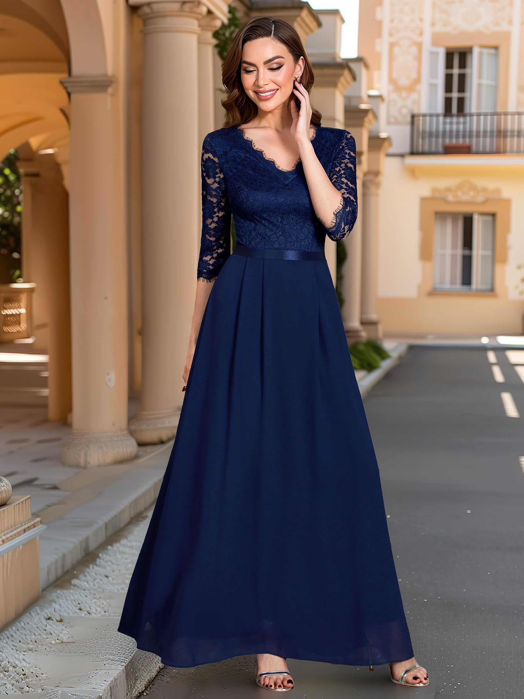 MISSMAY Women's Formal Floral Lace 2/3 Sleeves Long Evening Party Maxi Dress