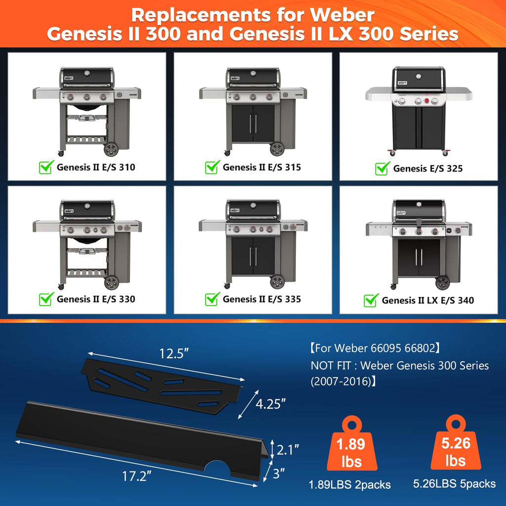 Grill Parts for Weber Genesis 300 Grills with Front Control Knob, Grill Grates for Genesis E310 S310 E/S320 E/S330, 17.5" Flavorizer Bars&Heat Deflectors, 19.5" Grill Grates for Weber 7524 7621 65505