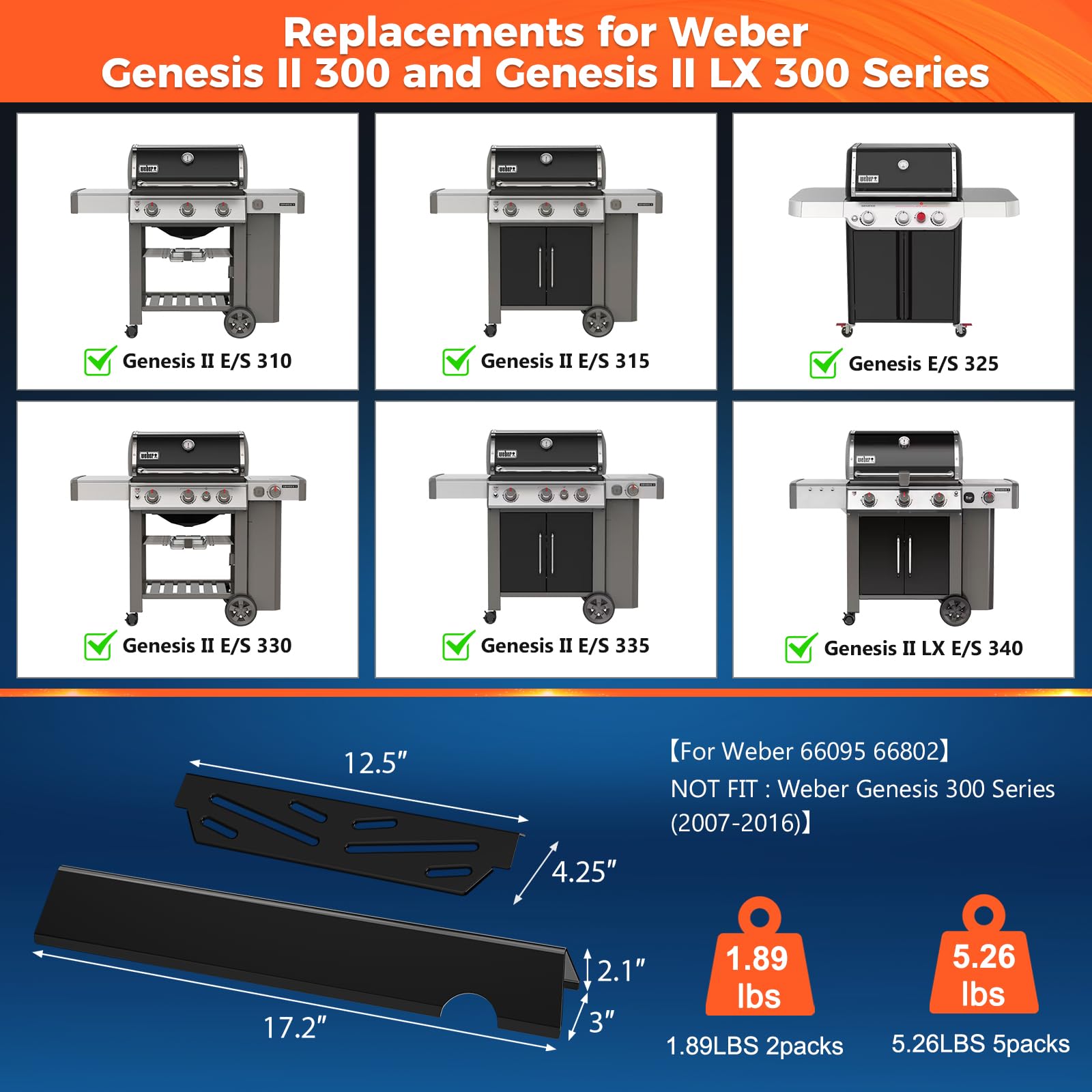 Grill Parts for Weber Genesis 300 Grills with Front Control Knob, Grill Grates for Genesis E310 S310 E/S320 E/S330, 17.5" Flavorizer Bars&Heat Deflectors, 19.5" Grill Grates for Weber 7524 7621 65505