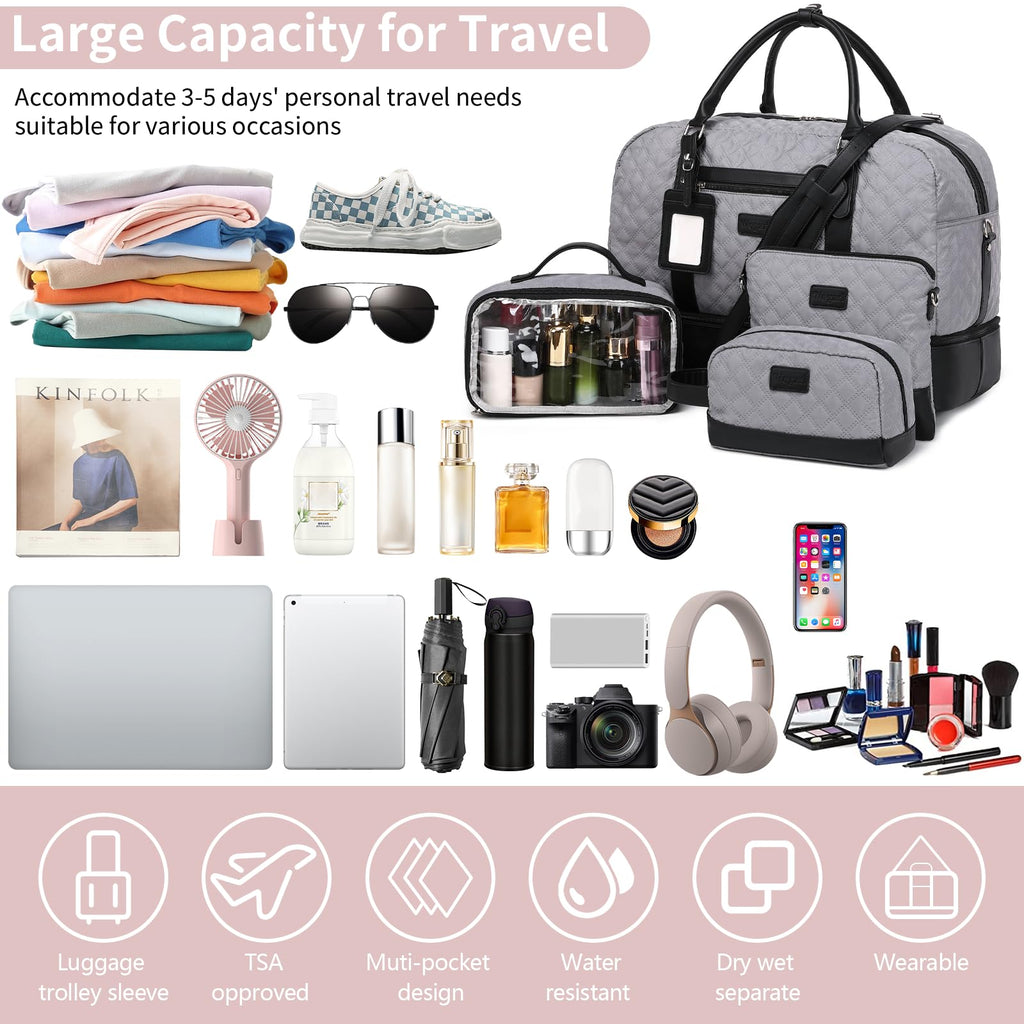 Wogarl 4PCS Weekender Bags for Women Large Overnight Weekend Travel Duffel Carry on Shoulder with Shoe Compartment Canvas Toiletry Bag for Travel Business Gym