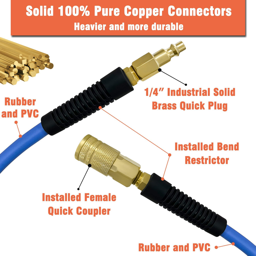 Air Compressor Hose 1/2 in, 300 PSI Heavy Duty Hybrid Air Hose with Quick Coupler and Plug Kit, Lightweight, Kink Resistant, All Weather Flexibility with Bend Restrictors, 6 Feet