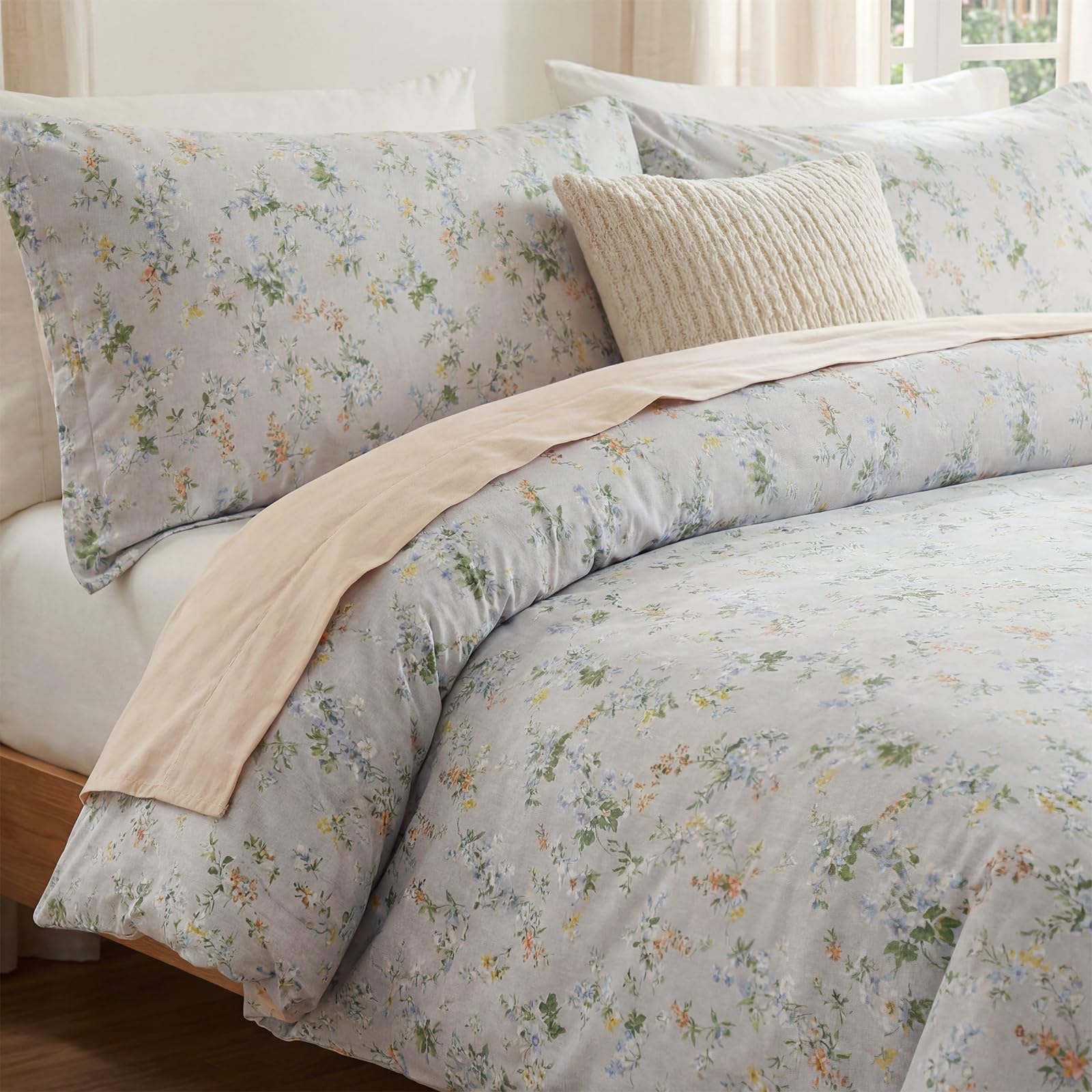 100% Natural Cotton Comforter Set Queen 3 Pcs Grayish Blue Bedding Sets with Luxurious Damask Pattern, Reversible Breathable Soft Comforter Sets for All Season