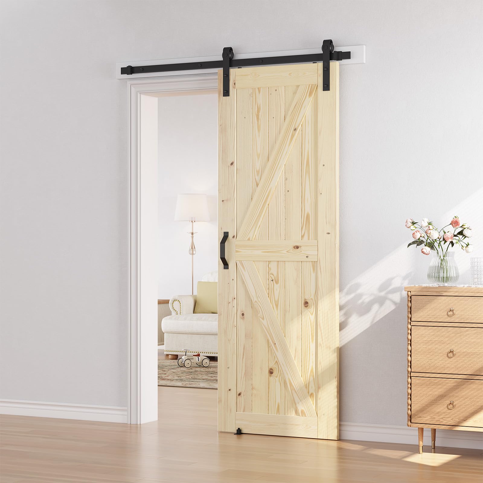 SmartStandard 24in x 80in Sliding Barn Wood Door Pre-Drilled Ready to Assemble, DIY Unfinished Solid Spruce Wood Panelled Slab, Interior Single Door Only, Natural, K-Frame (Fit 4FT Rail)