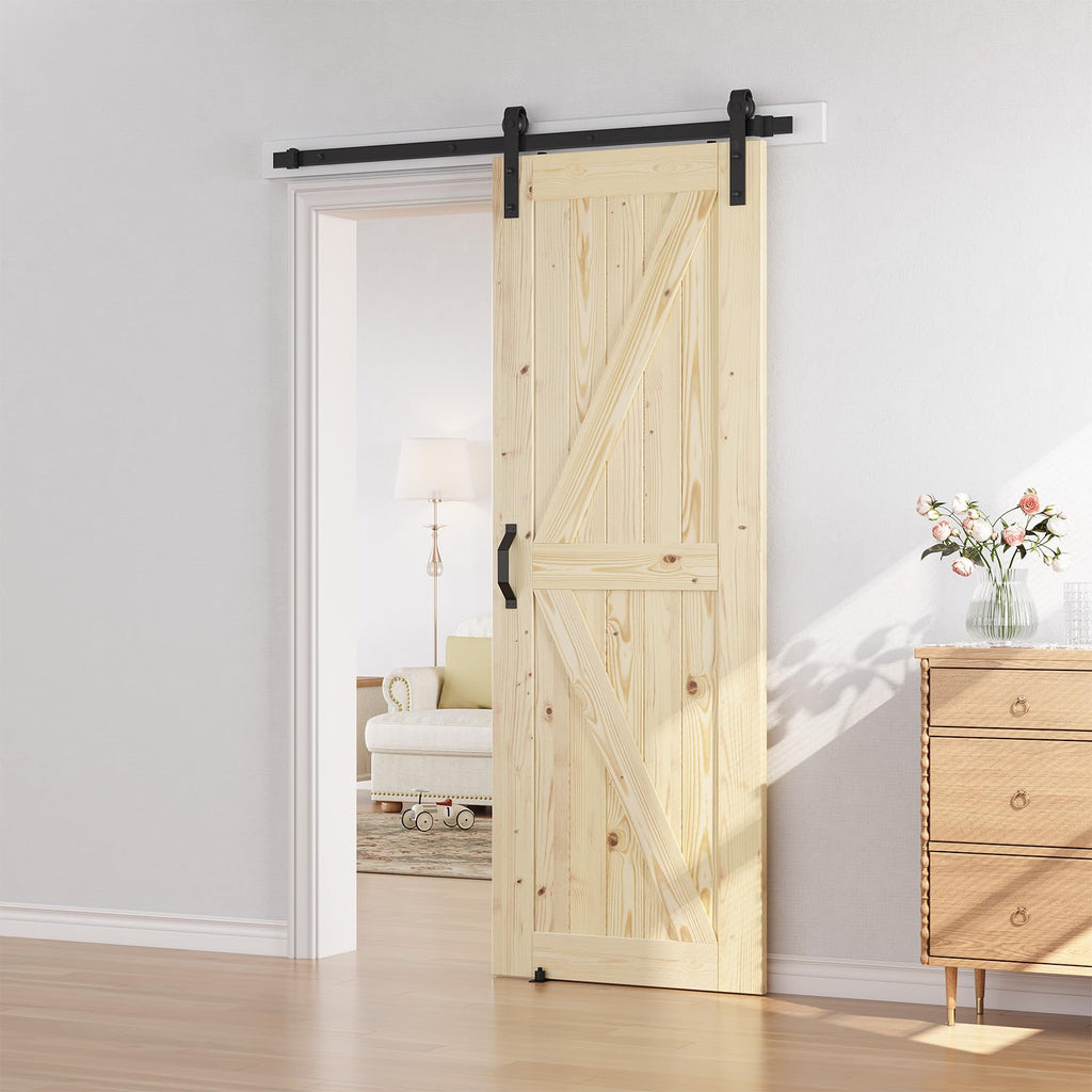 SmartStandard 24in x 80in Sliding Barn Wood Door Pre-Drilled Ready to Assemble, DIY Unfinished Solid Spruce Wood Panelled Slab, Interior Single Door Only, Natural, K-Frame (Fit 4FT Rail)