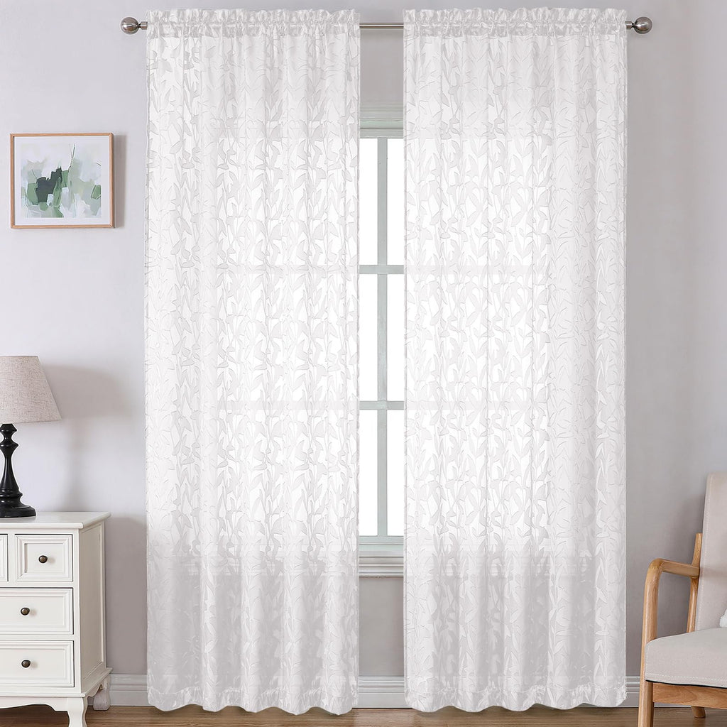 Lecloud Leia 14 Inch Black Sheer Valances for Windows 2 Pcs, Airy Jacquard Leaf Textured Short Curtains for Living Room Kitchen Bedroom Basement, Dual Rod Pockets Small Curtain, 28" W x 14" L