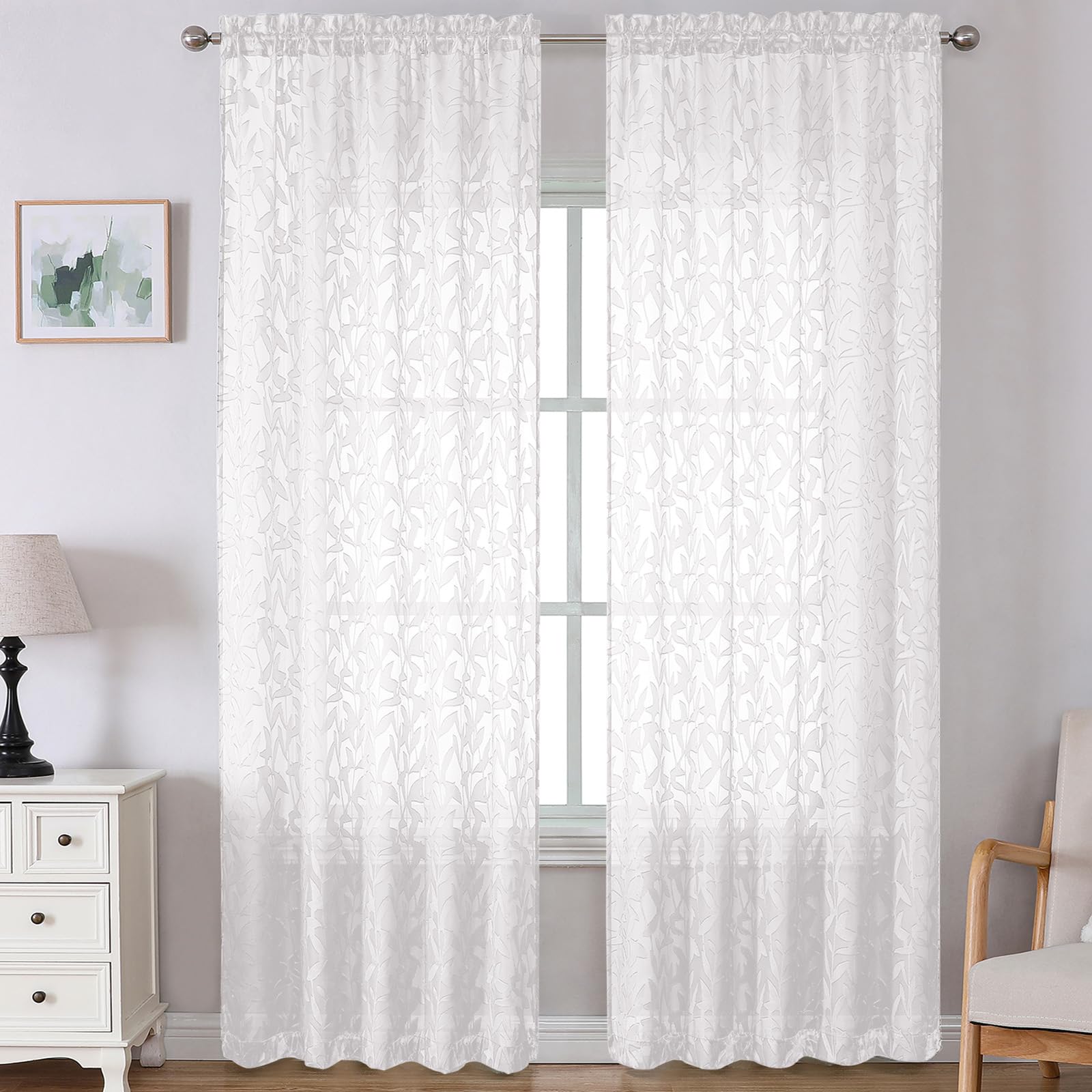 Lecloud Leia 14 Inch Black Sheer Valances for Windows 2 Pcs, Airy Jacquard Leaf Textured Short Curtains for Living Room Kitchen Bedroom Basement, Dual Rod Pockets Small Curtain, 28" W x 14" L