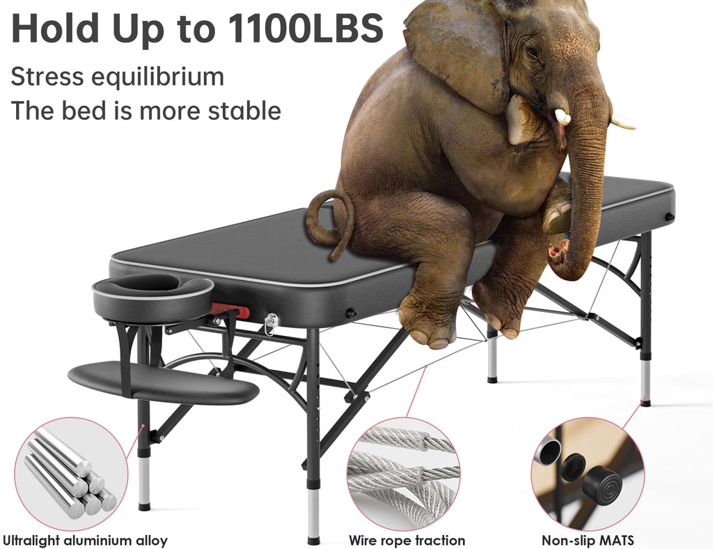 CLORIS 84" Professional Massage Table Portable Reinforced Wooden Leg 2 Folding Lightweight Spa Salon Tattoo Massage Bed Height Adjustable Hold Up to 1100LBS with Carrying Bag Black