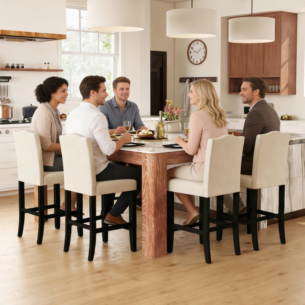 LSSPAID Counter Height Bar Stools Set of 2, 24.8 Inch Modern Upholstered Fabric Barstools, Kitchen Island Chairs with Bronze Nail Backrest and Solid Wood Legs for Kitchen Pub Home Cafe, Beige