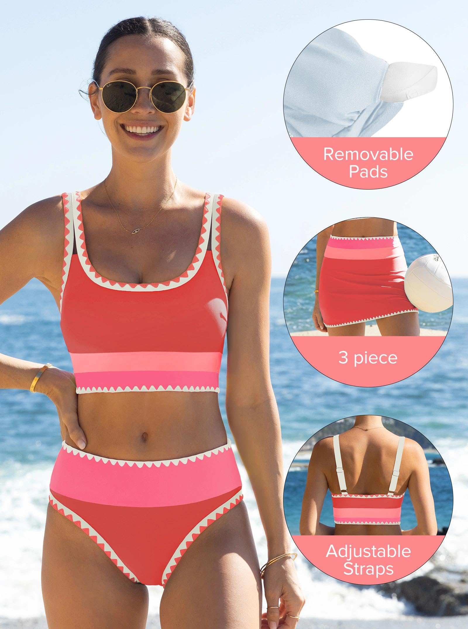 popvil High Waisted Bikini Sets for Women Tummy Control Swimsuits 3 Piece Bathing Suits Neon Swimwear with Skirt 2026