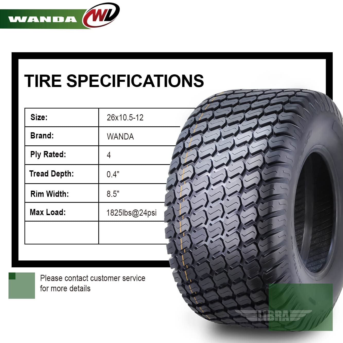 WANDA 11x4-5 Zero Turn Lawn Mower Utility Cart Turf Tire 11x4x5 11x4.00-5/4 Ply - 13204