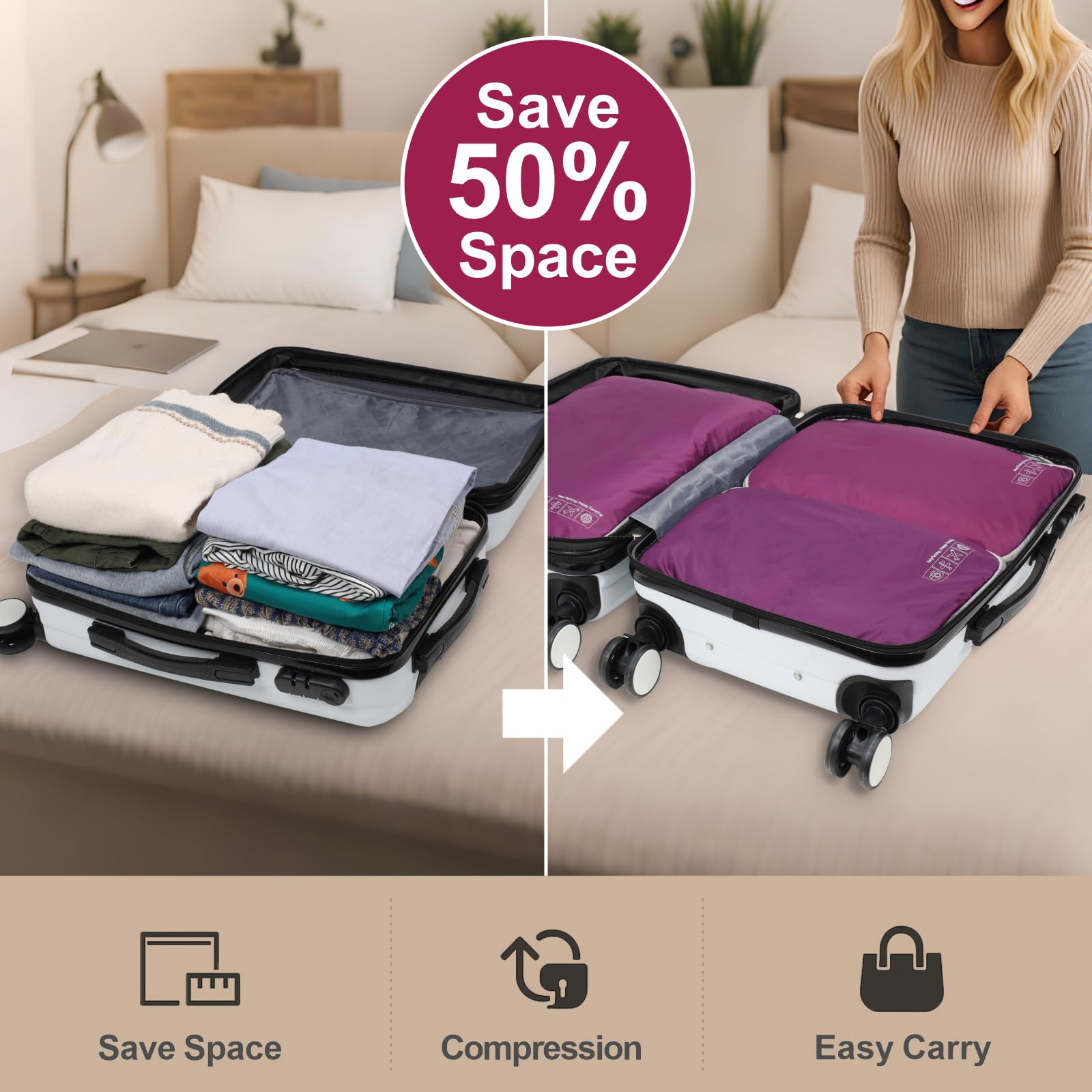 Cambond Compression Packing Cubes for Travel - Lightweight Expandable Travel Bags Luggage Organizers Travel Essentials Compression Cubes for Travel Space Saver for Carry on Suitcases Organizer