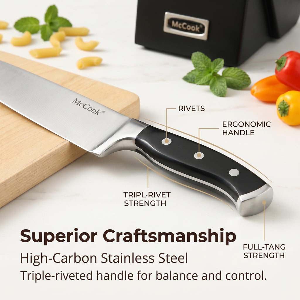 McCook® Knife Sets,German Stainless Steel Kitchen Knife Block Set with Built-in Sharpener, 20-Piece Razor-Sharp Kitchen Knives, Forged Triple Rivet,Full Tang,Ergonomic Handle,Elegant Box for Gift