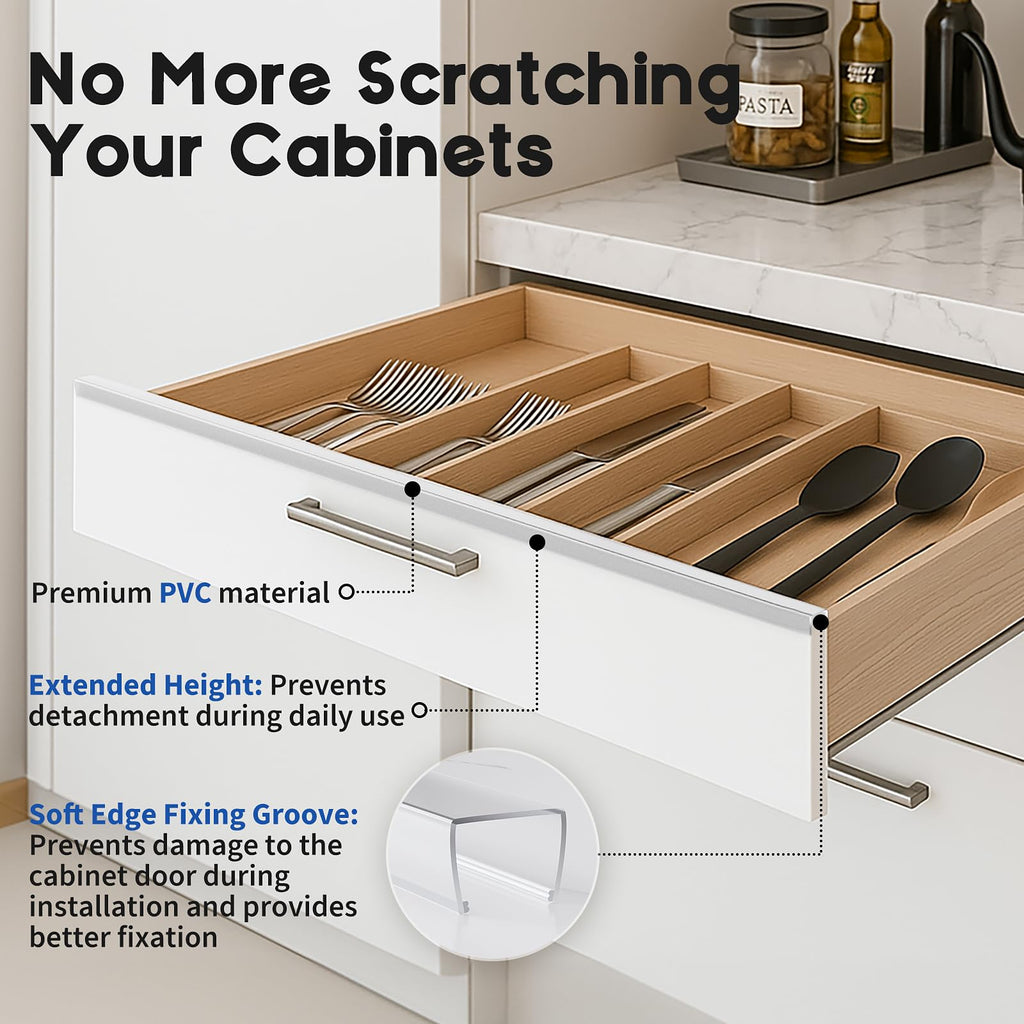 Cabinet Protector Edge Guard (Pack of 6), 17.7" Clear PVC Cabinet Edge Protectors for 3/4" Thick Kitchen Cabinets Doors – Slip-On No-Tool Sliding Installation