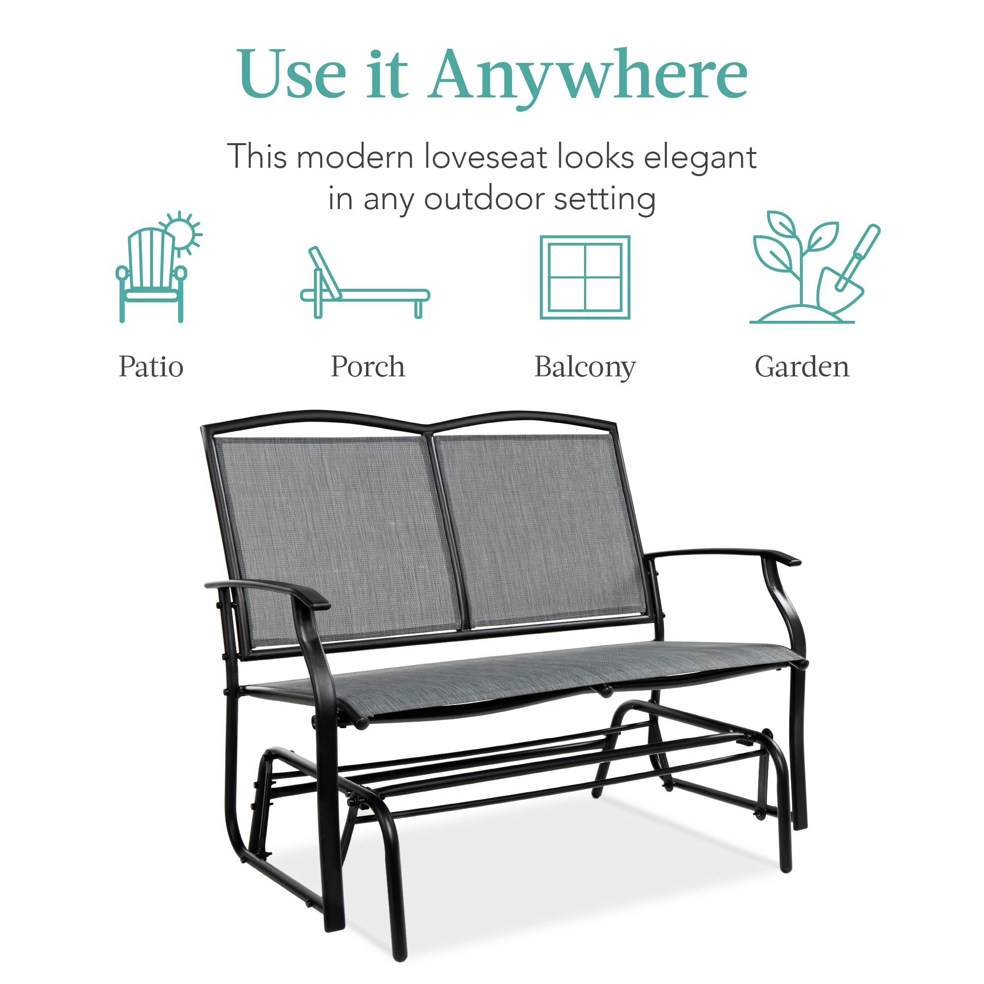 Best Choice Products 2-Person Outdoor Patio Swing Glider Steel Bench Loveseat Rocker for Deck, Porch w/Textilene Fabric, Steel Frame - Black