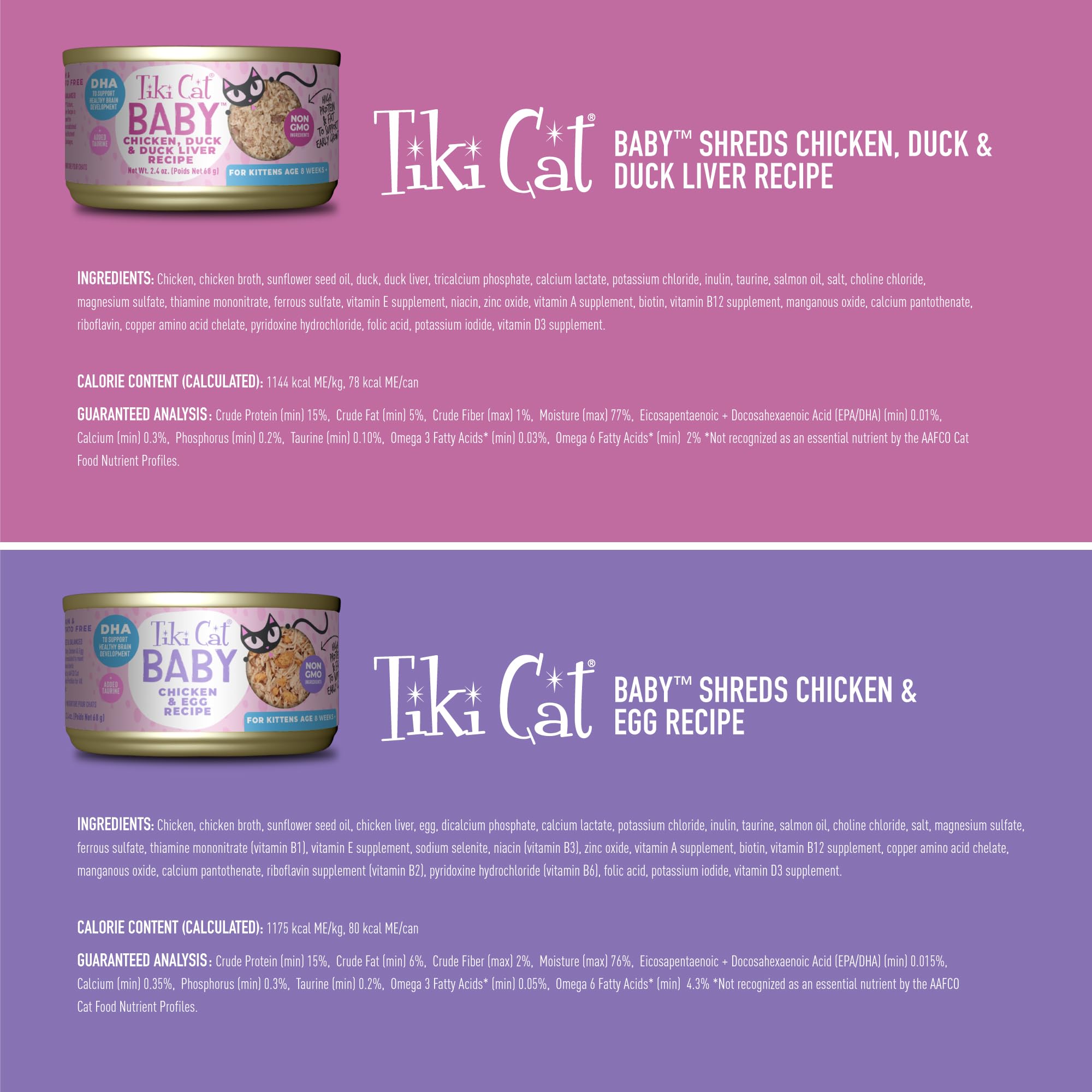 Tiki Cat Baby Wet Cat Food for Kittens, Shreds Variety Pack 2.4 oz. Cans (12 Count)