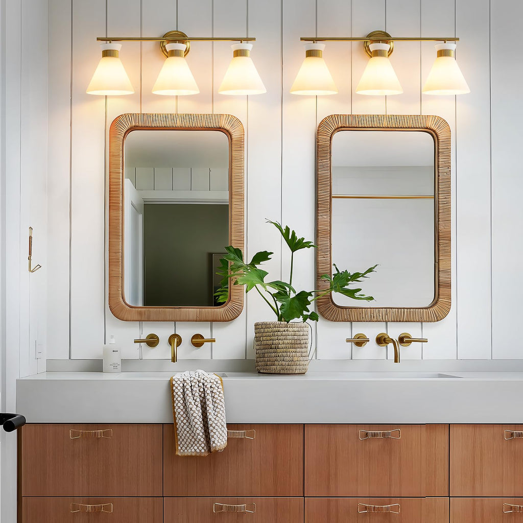 WOSHITU Gold Bathroom Light Fixtures: Modern Vanity Lighting Fixtures 2 Lights for Bathroom Mid Century Vanity Light Sconces Over Mirror with Frosted Milky Glass for Bath Bedroom Makeup