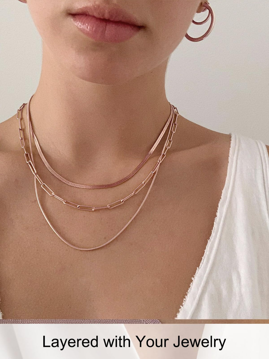 FOCALOOK 14K Gold Plated Necklaces for Women, Fashion Herringbone Choker Necklace Stainless Steel Flat Snake Chain 3/5MM(W) 12.5"/15"/18"+3.5"(L)