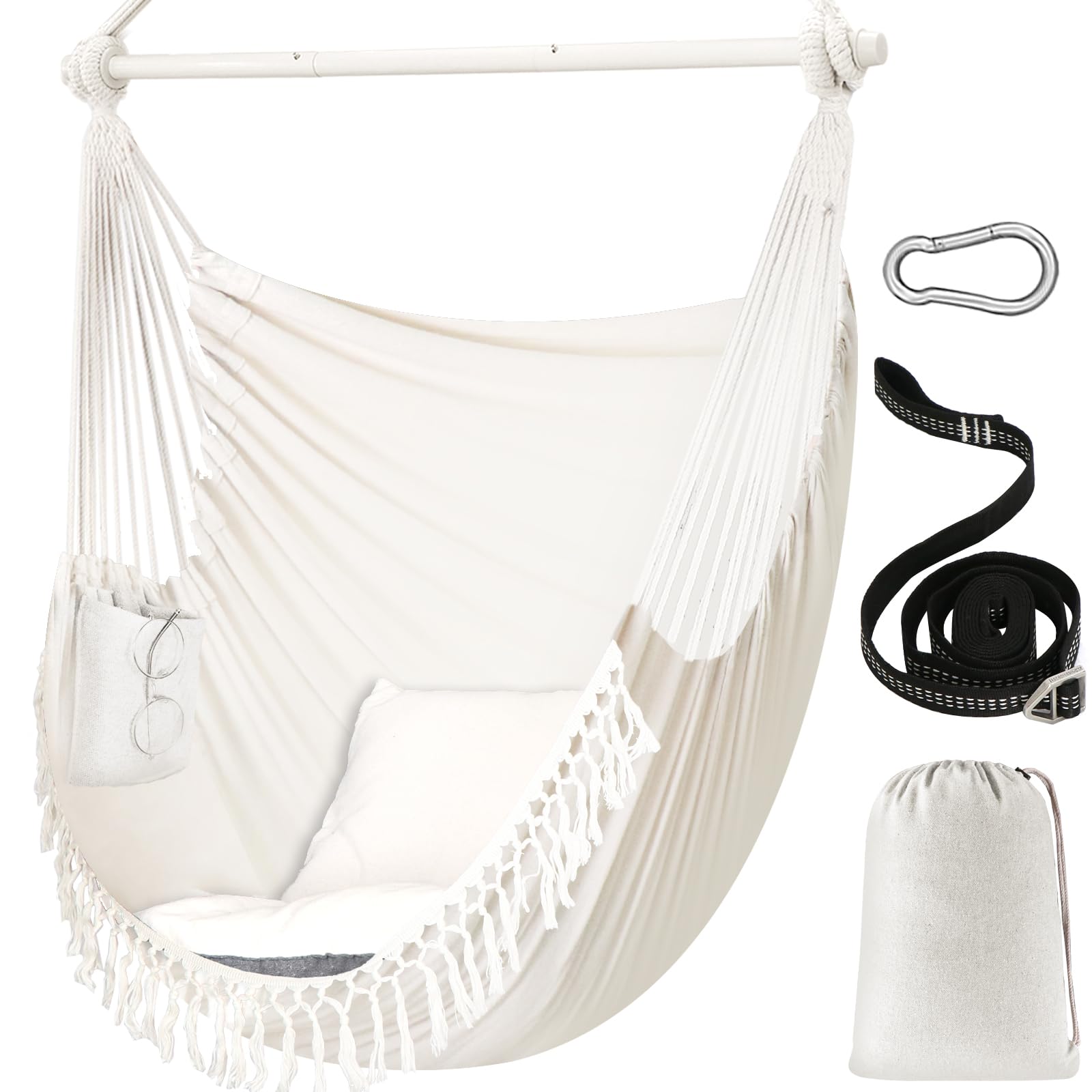 Chihee Hammock Chair Hanging Swing Max 500 Lbs 2 Cushions Included Metal Spreader Bar with Anti-Slip Grooves Portable Hanging Chair Side Pocket Large Macrame Bohemian Chair Indoor Outdoor | Hanging Swing with Anti-Slip Grooves Portable Hanging Chair Side