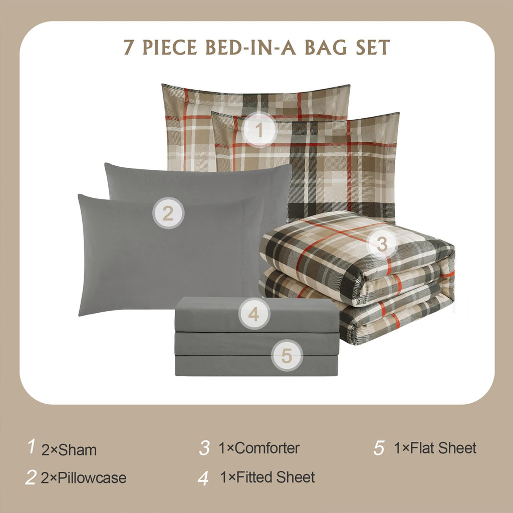 MaiRêve Queen Comforter Set, Classic Plaid Farmhouse Bedding Sets 7 Pieces, Beige All Season Bed in A Bag with Sheets, Pillowcases & Shams