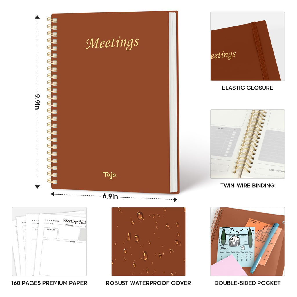Meeting Notebook for Work Organization - Work Planner Notebook with Action Items, Agenda Planner for Note Taking, 160 Pages (6.9" X 9.9") Project Organizer for Men & Women - Pink
