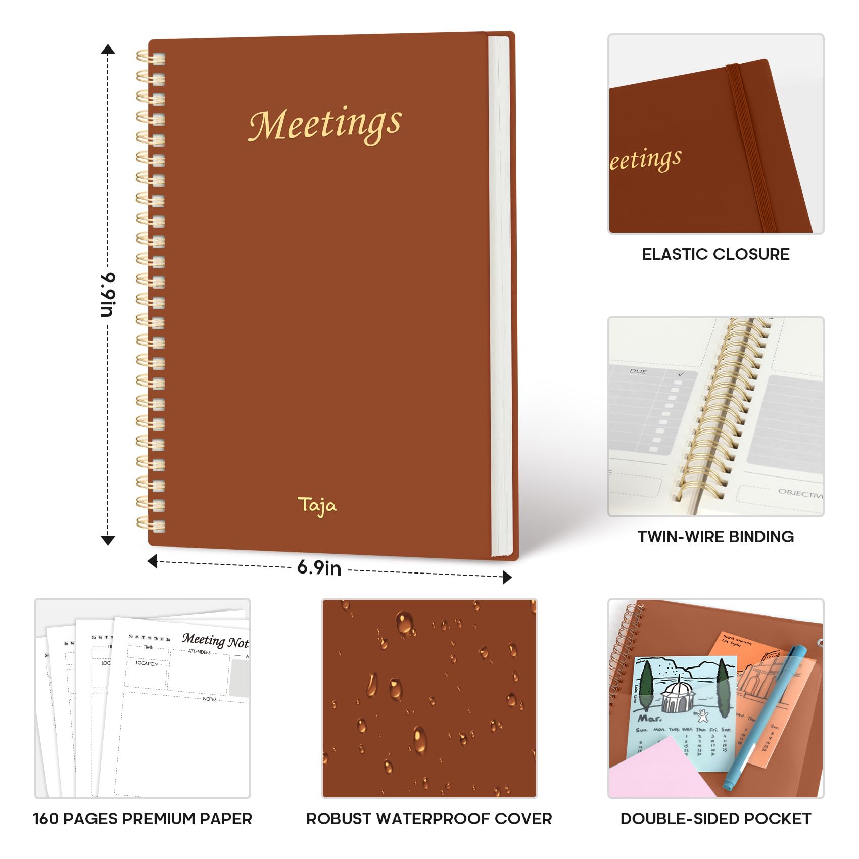 Meeting Notebook for Work Organization - Work Planner Notebook with Action Items, Agenda Planner for Note Taking, 160 Pages (6.9" X 9.9") Project Organizer for Men & Women - Pink