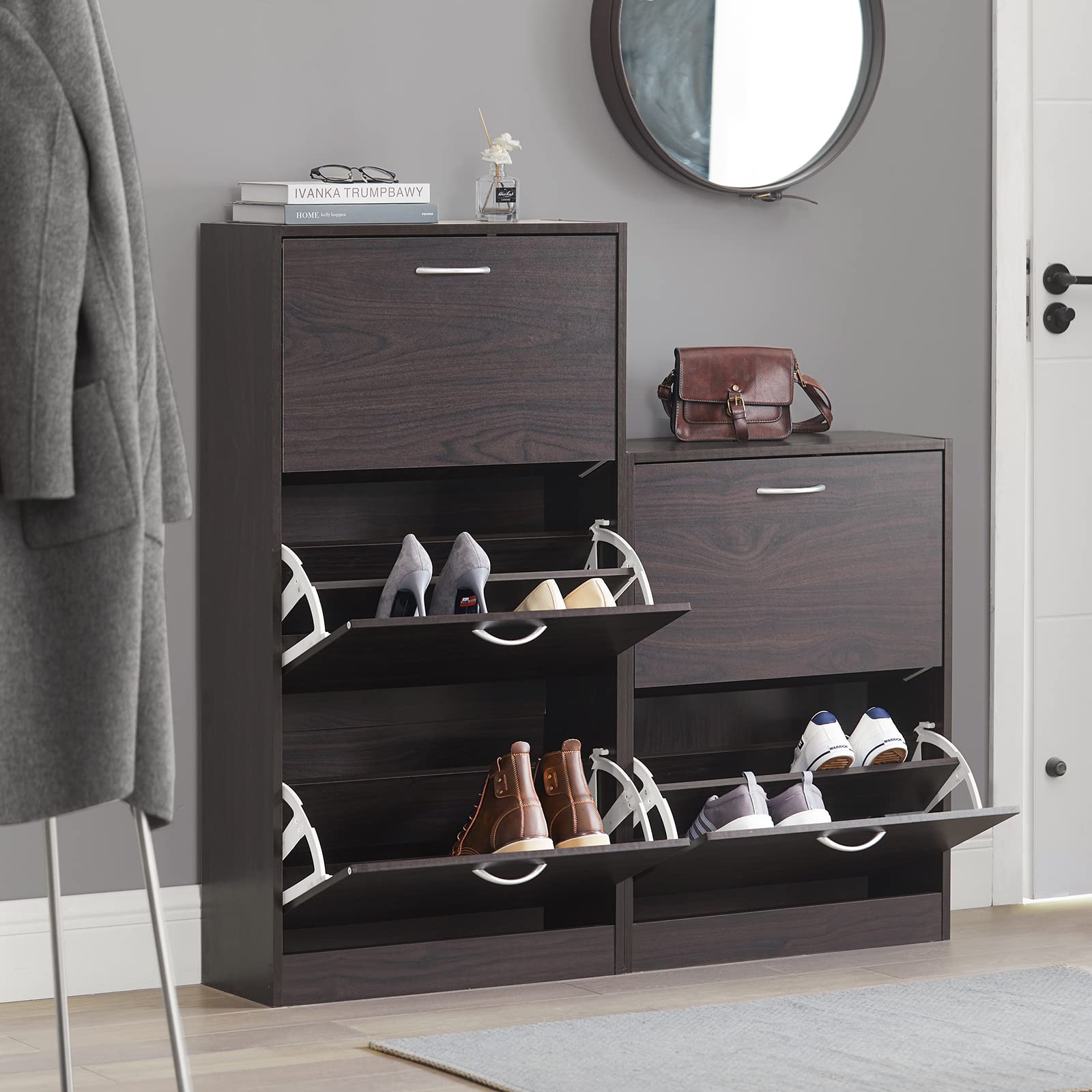 Haotian Shoe Cabinet Storage for Entryway, Narrow Shoe Cabinet with Two Flip Drawers to Save Space, Shoe Rack Cabinet for Front Door Entrance Hallway (Black)