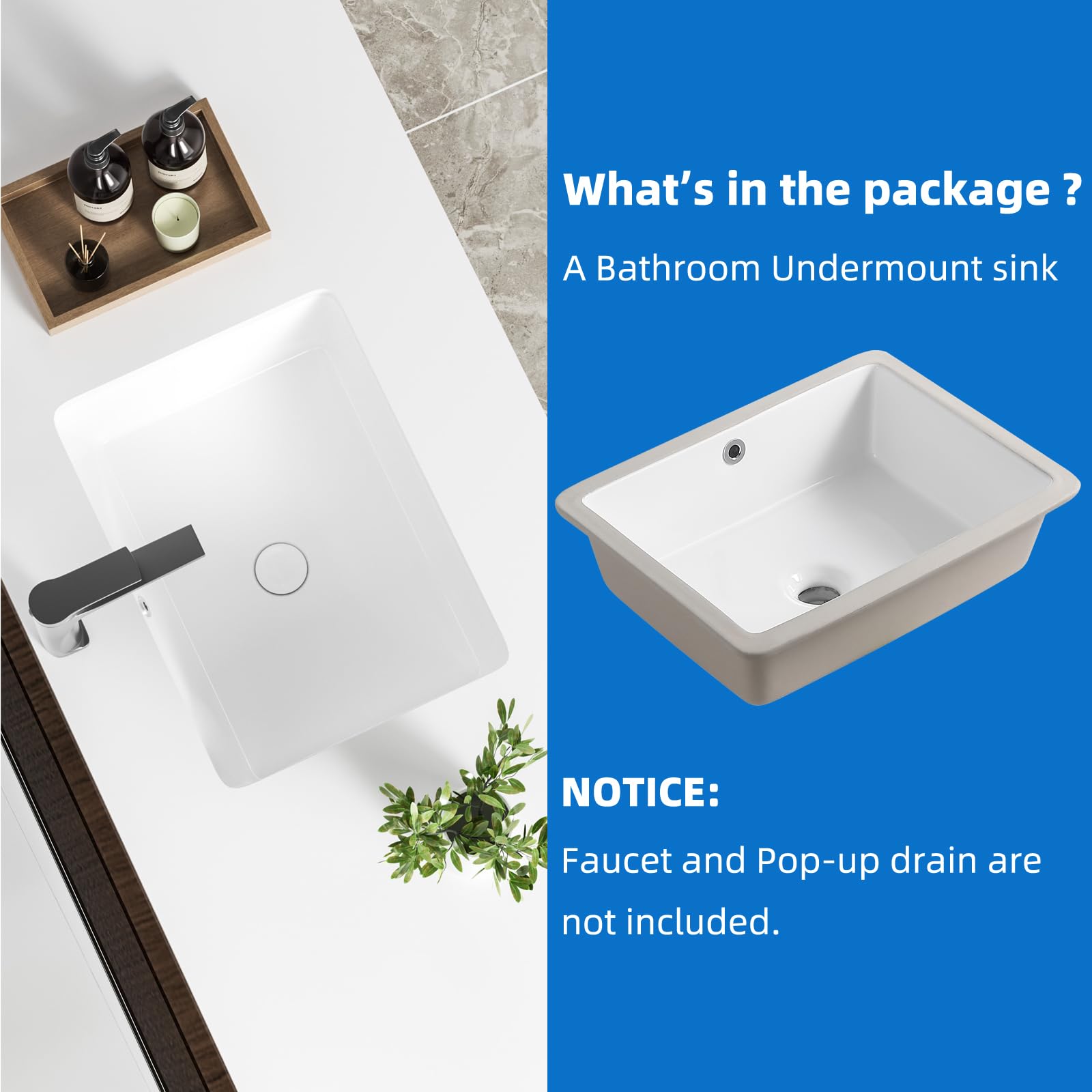 KINGWONG 14 Inch Small Square Undermount Bathroom Sink, 13.75" Ceramic White Porcelain Under Counter Basin for Vanity, Modern Rectangular Sink with Overflow Hole, Easy to Clean, Interior 11.5" x 11.5"