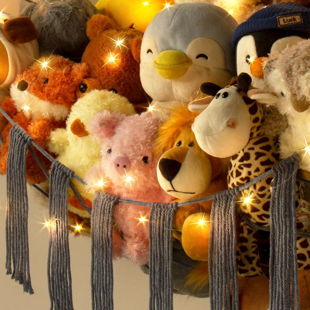 Stuffed Animal Hammock Corner with LED Light - Toy Storage Hammock Plushie Net Large - Cute Stuff Animals Holder Hanging Organizer - Baby Room Decor Kids Toddler Nursery Bedroom Boho
