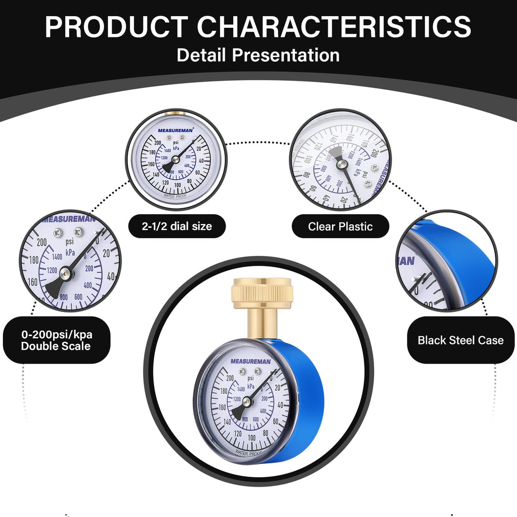 MEASUREMAN 2" Water Pressure Test Gauge, 3/4" Female Hose Thread, 0-200 psi/kpa with Maximum Pressure Memory (Pack of 2)