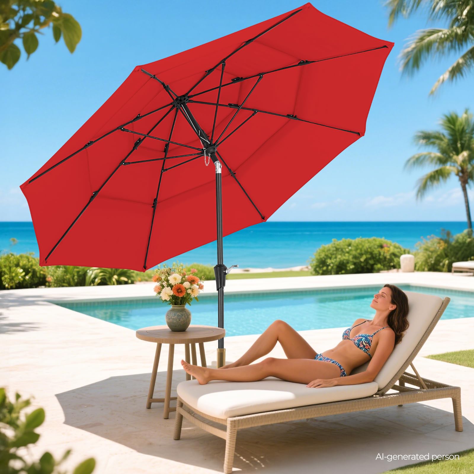 ONBRILL 10 FT Patio Umbrella, 3 Tier Outdoor Table Umbrella with 8 Sturdy Glass Fiber Ribs and Push Button Tilt, Outdoor Patio Umbrellas for Market Pool Garden Backyard, 1.5" Pole, Blue (No Base)