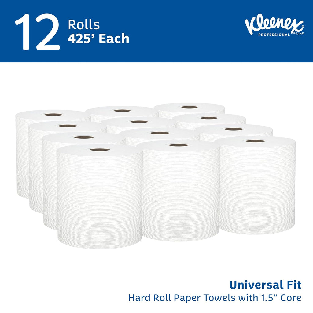Kleenex Professional Universal Hard Roll Paper Towels, Bulk (01080), Hardwound 1.5" Core, Premium Absorbency Pockets, White (12 Rolls at 425' Each, 5,100'/Case)