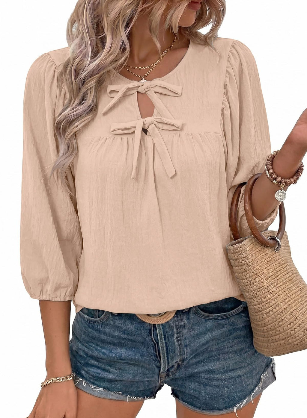 SHEWIN Womens Tops 3/4 Sleeves Blouse Babydoll Dressy Casual Top Elegant Bow Tie Loose Ladies Shirts 2026