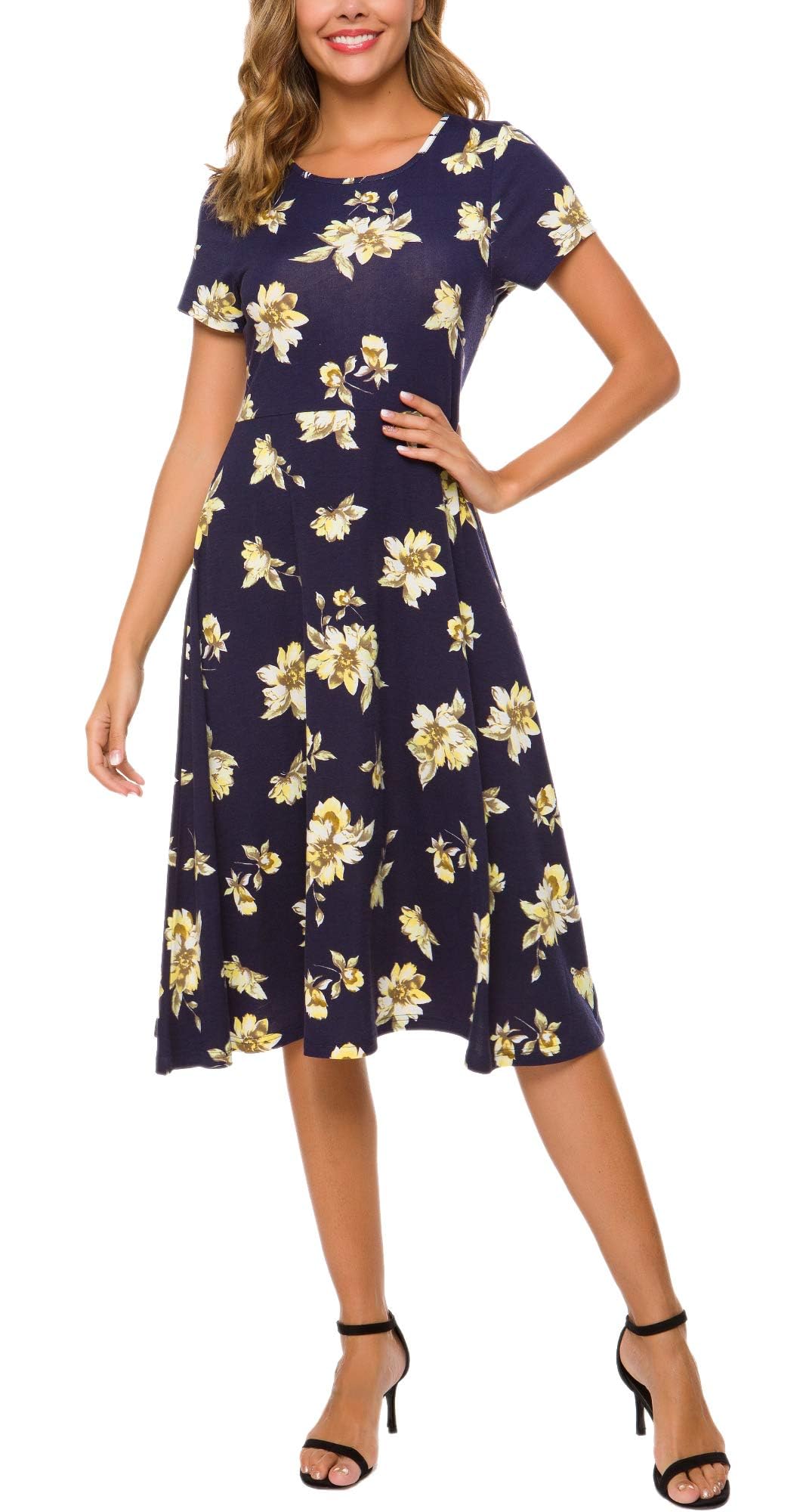 Urban CoCo Women's Vintage Short Sleeve High Waist Flared Midi Casual Summer Dress