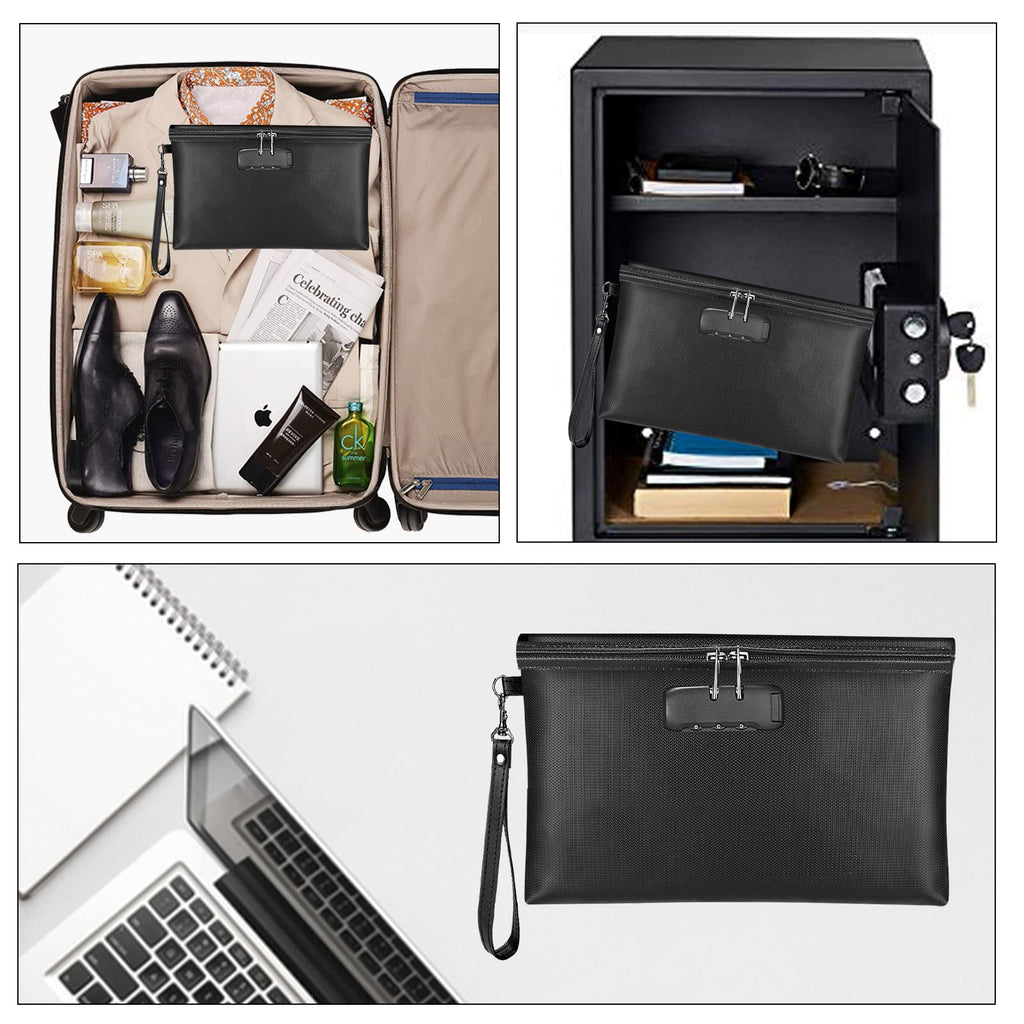 Fireproof Money Bag with Lock, 11.2"x7.6" Fireproof Cash Bag with Zipper Closure, Storage Pouch for A5 Size Document, Cheque, Cash, Cell Phone, Tablet, Credit Card, Passport, Jewelry (Black)