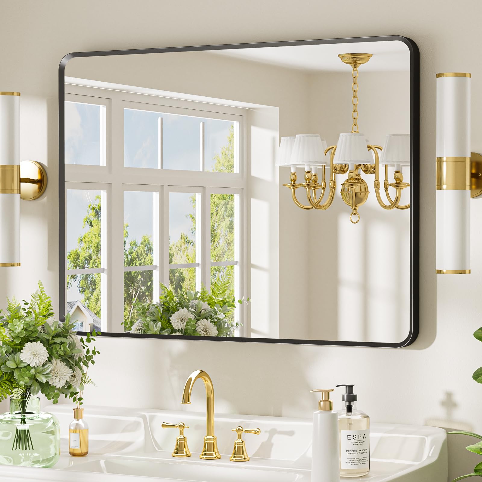 22x30 inch Gold Bathroom Mirror,Rounded Rectangle Gold Metal Framed, HD Tempered Glass, Horizontal or Vertical Hanging, Modern Bathroom Decor