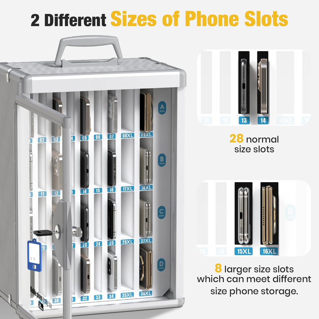 Glosen Cell Phone Locker 24 Slots, Portable Phone Storage Cabinet [Wall Mounted] [Silver 24 Slots-Universal Key ] Aluminum Alloy Cellphone Lock Box with Key & Handle for School Classroom Office Exam