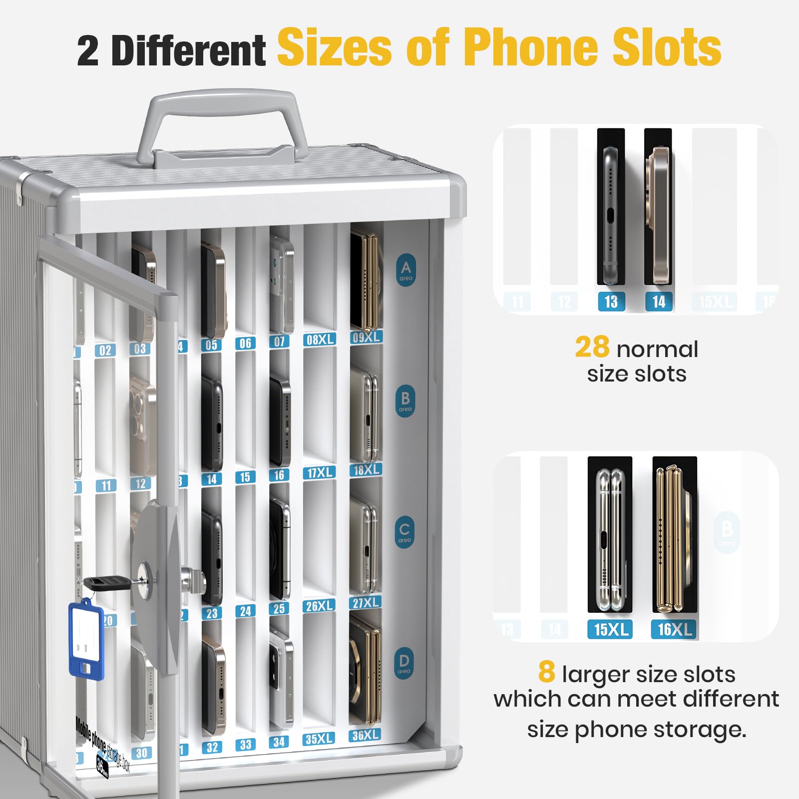 Glosen Cell Phone Locker 24 Slots, Portable Phone Storage Cabinet [Wall Mounted] [Silver 24 Slots-Universal Key ] Aluminum Alloy Cellphone Lock Box with Key & Handle for School Classroom Office Exam