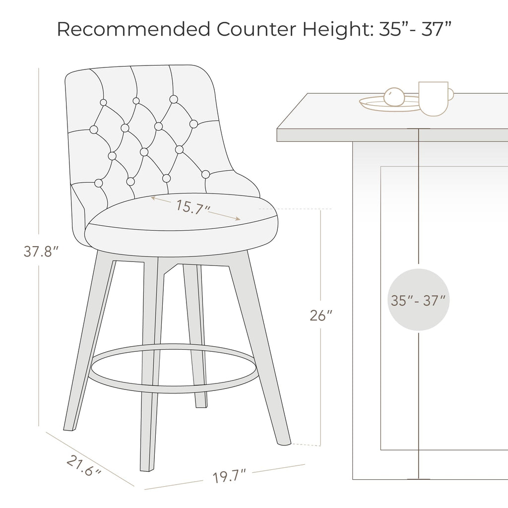 Watson & Whitely Counter Height Bar Stools, Performance Fabric Upholstered Modern Swivel Barstool with Back, Solid Wood Legs, 26" H Seat, Flint Grey