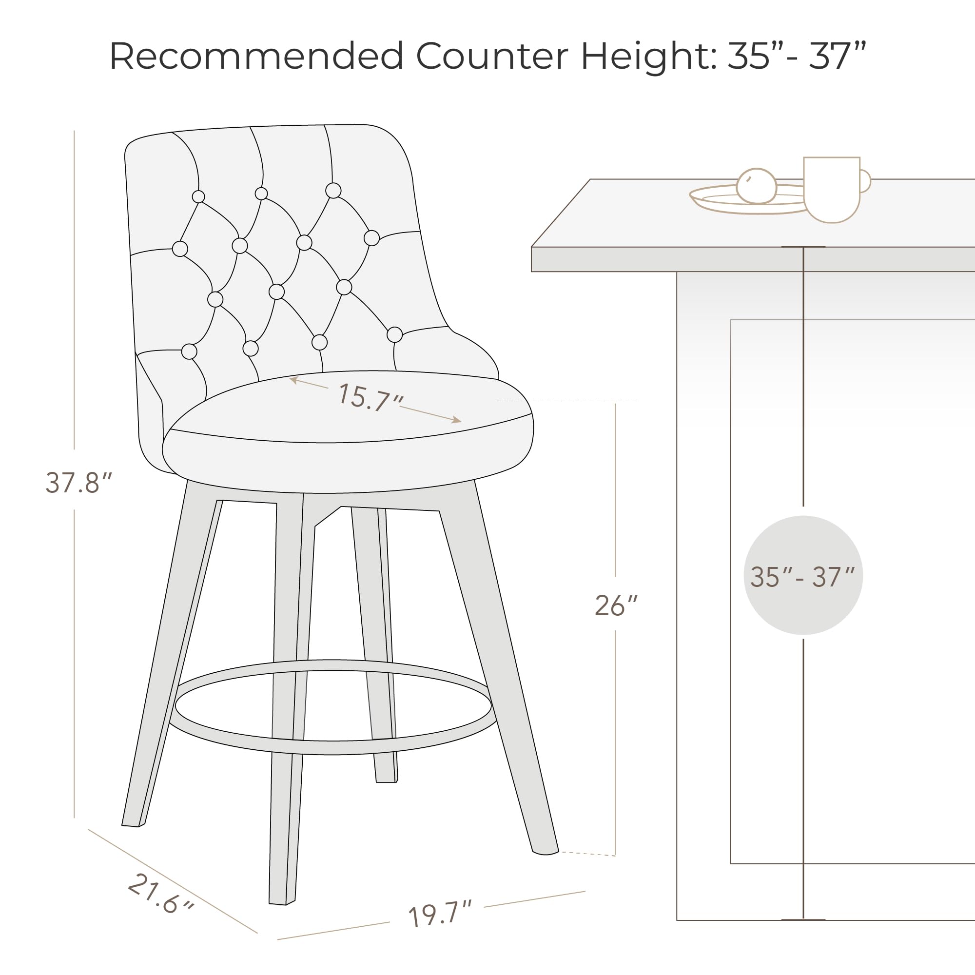 Watson & Whitely Counter Height Bar Stools, Performance Fabric Upholstered Modern Swivel Barstool with Back, Solid Wood Legs, 26" H Seat, Flint Grey