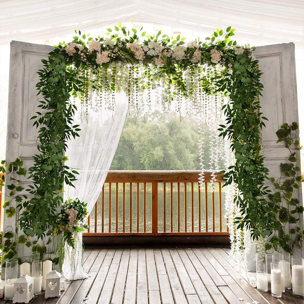 Fake Greenery Garlands Artificial Silver Dollar Eucalyptus Garland in Grey Green and Willow Twigs Garland Intertwined Together for Rustic Wedding Arch Swag Doorways Table Runner Decoration