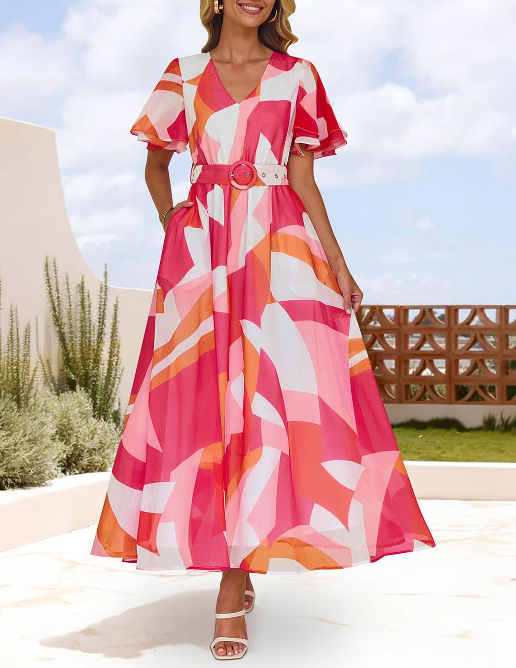 ZESICA Women's 2026 Summer Floral V Neck Midi Dress Boho Short Sleeve High Waist Flowy Beach Vacation Dresses with Belt