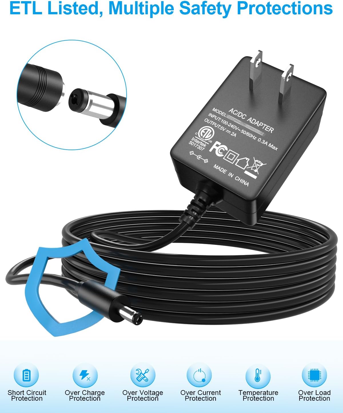 SoulBay 5V 2A Power Supply Adapter 10W AC100-240V to DC 5 Volt 2Amp Versatile Charger Cord with 8 Plugs for USB Hub TV Box Tablet Camera Speaker GPS Webcam Router and More 5vdc Electronics, 5FT