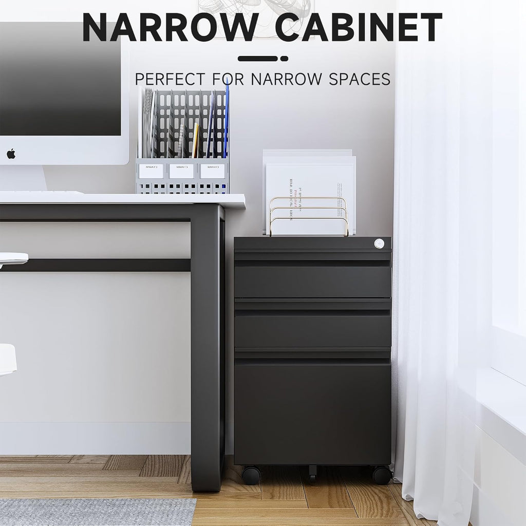 Letaya 3 Drawer Mobile File Cabinet with Lock,Under Desk Metal Small Filing Cabinets for Home Office Organizer Letters/Legal/A4(Fully Assembled Except Wheels-Black)