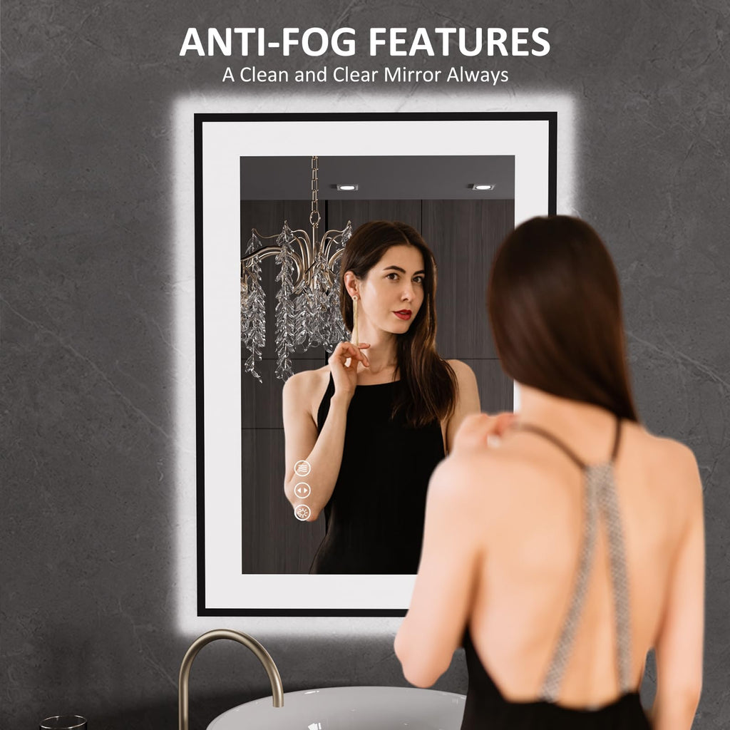 LOAAO 20"X28" LED Bathroom Mirror Black Framed | Anti-Fog, Dimmable, Memory Function, Tempered Glass, Lighted Vanity Mirror for Wall