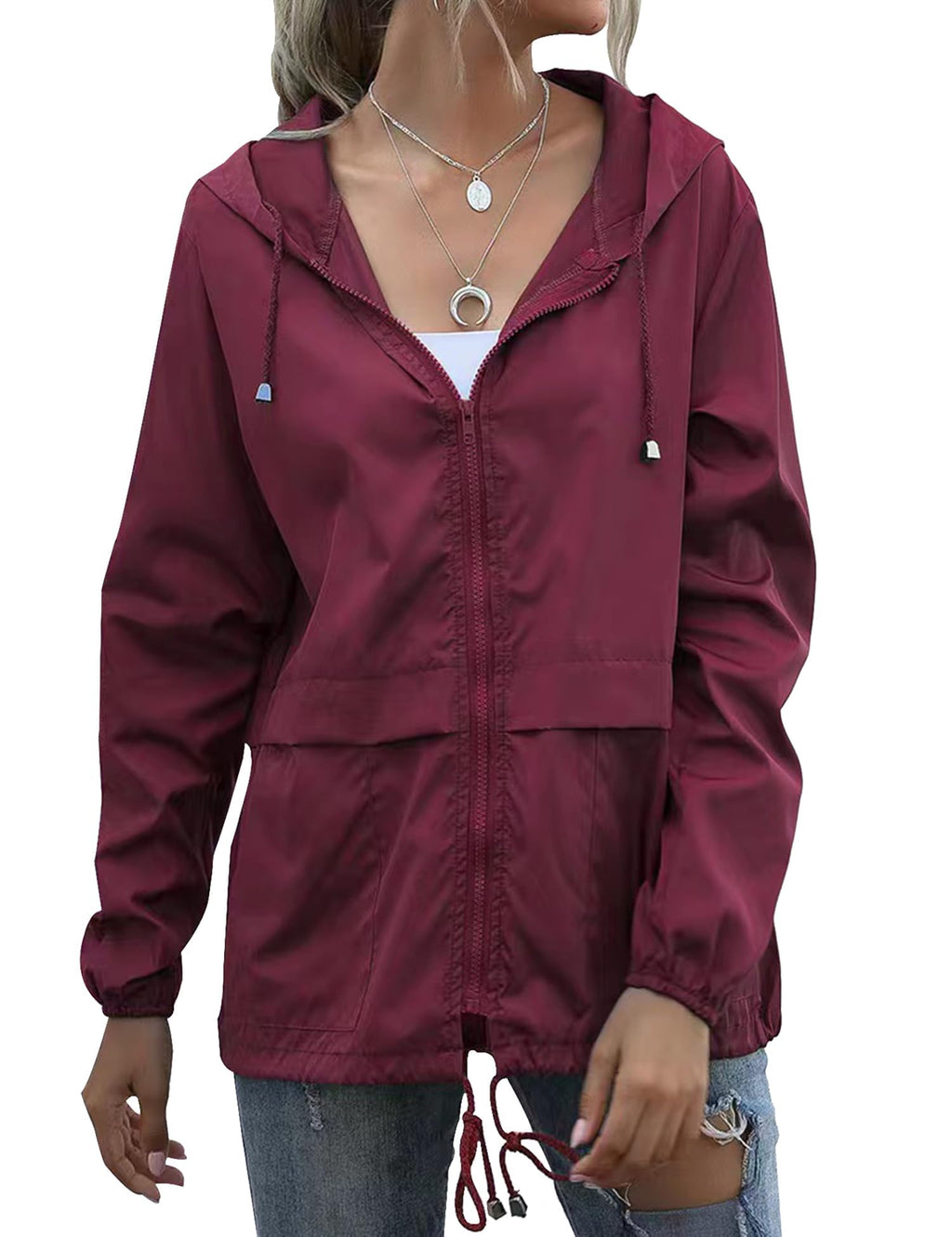 Women's Raincoats Lightweight Waterproof Windproof Adjustable Windbreaker Rain Jackets Hooded with Pockets S-XXL