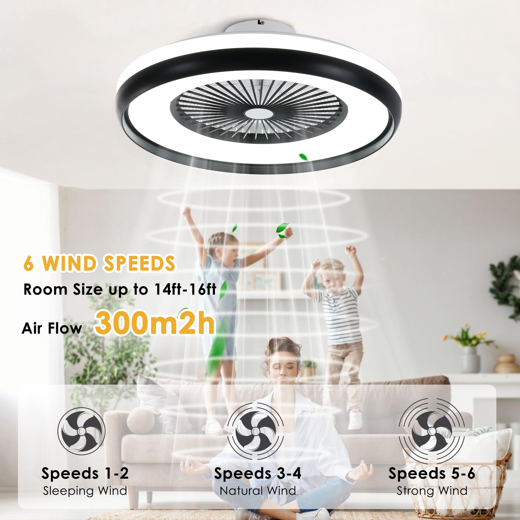 24" Bladeless Ceiling Fan with Light Remote, Smart LED Ceiling Fans with App Control, Modern Low Profile Dimmable Light Ceiling Fan for Bedroom Living Room Gold
