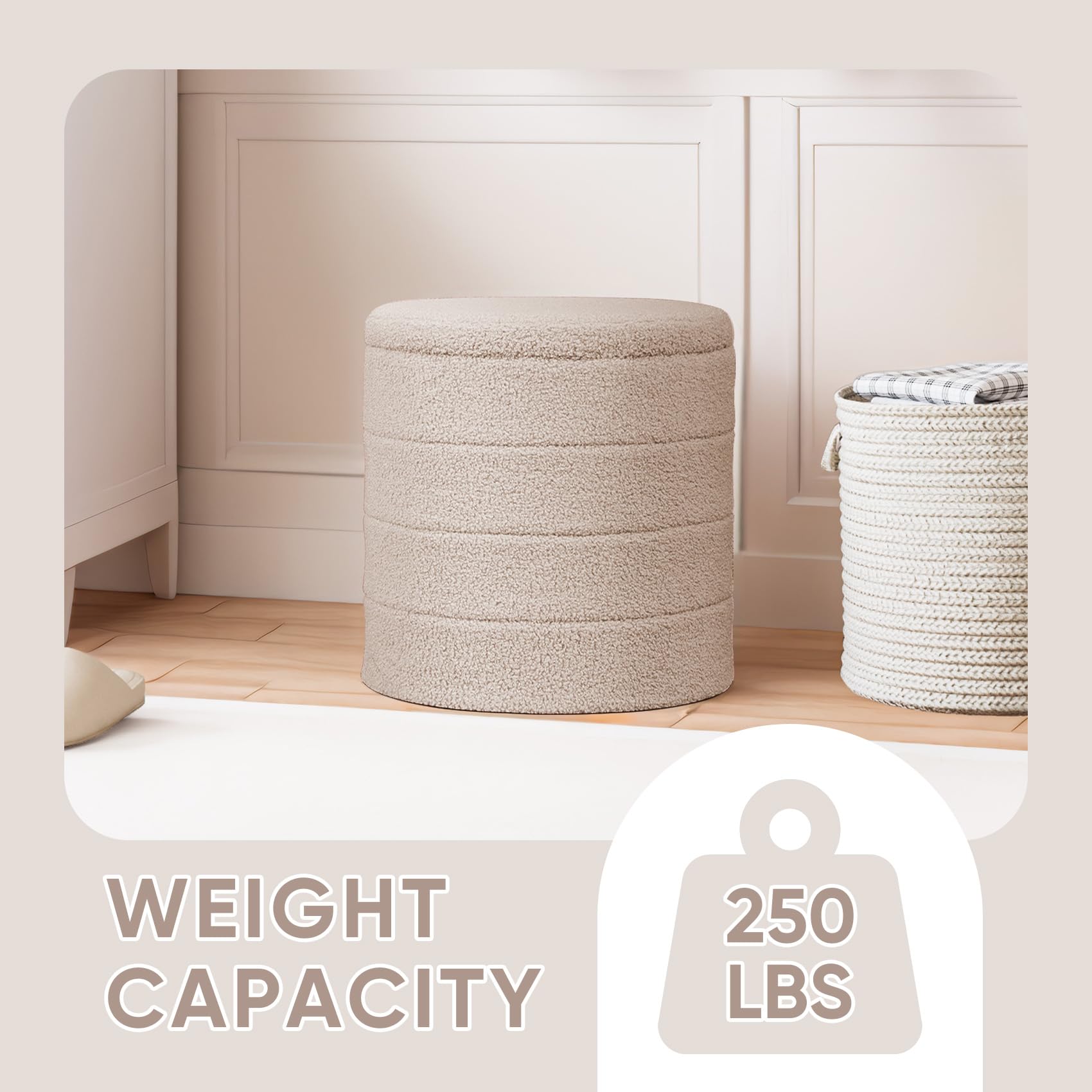 PINPLUS Round Storage Ottoman Foot Rest Stool with Tray Velvet Sherpa Folding Storage Ottoman,Boucle Foot Rest for Living Room, Bedroom, Dorm（Beige）
