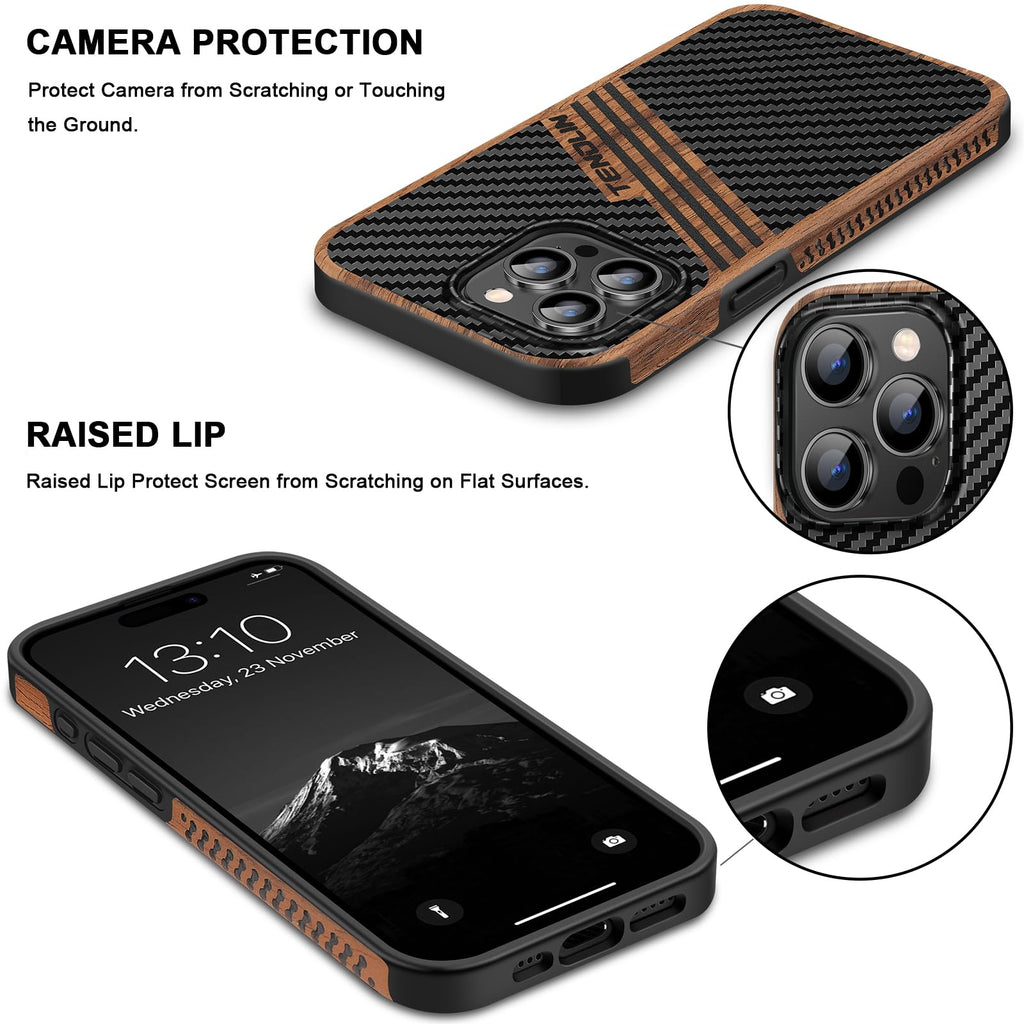 TENDLIN Compatible with iPhone 15 Case Wood Grain with Carbon Fiber Texture Design Leather Hybrid Slim Case (Black)